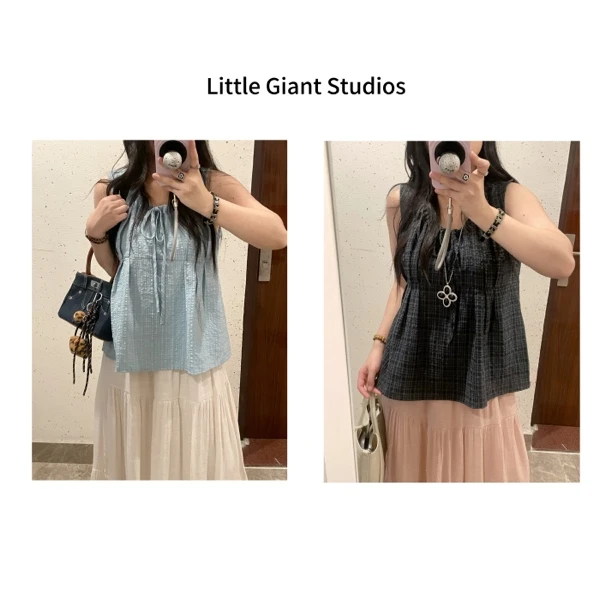 【华夫格】简约气质机理感绑带无袖减龄圆领衬衫上衣