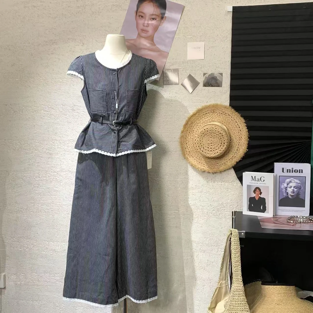 『雨美 Show』1393黑色条纹花边裤套装