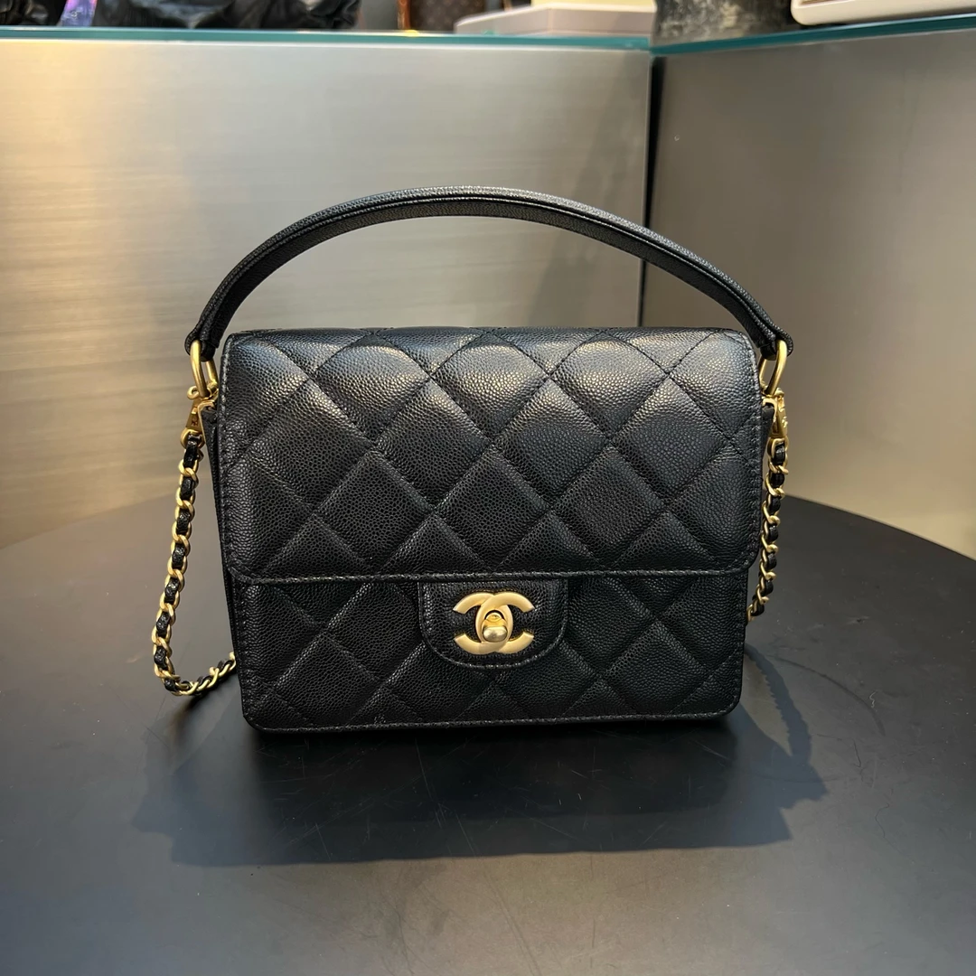 99新 Chanel/香奈儿 24k新款手柄黑金荔枝皮 cf口盖包单肩斜挎包
