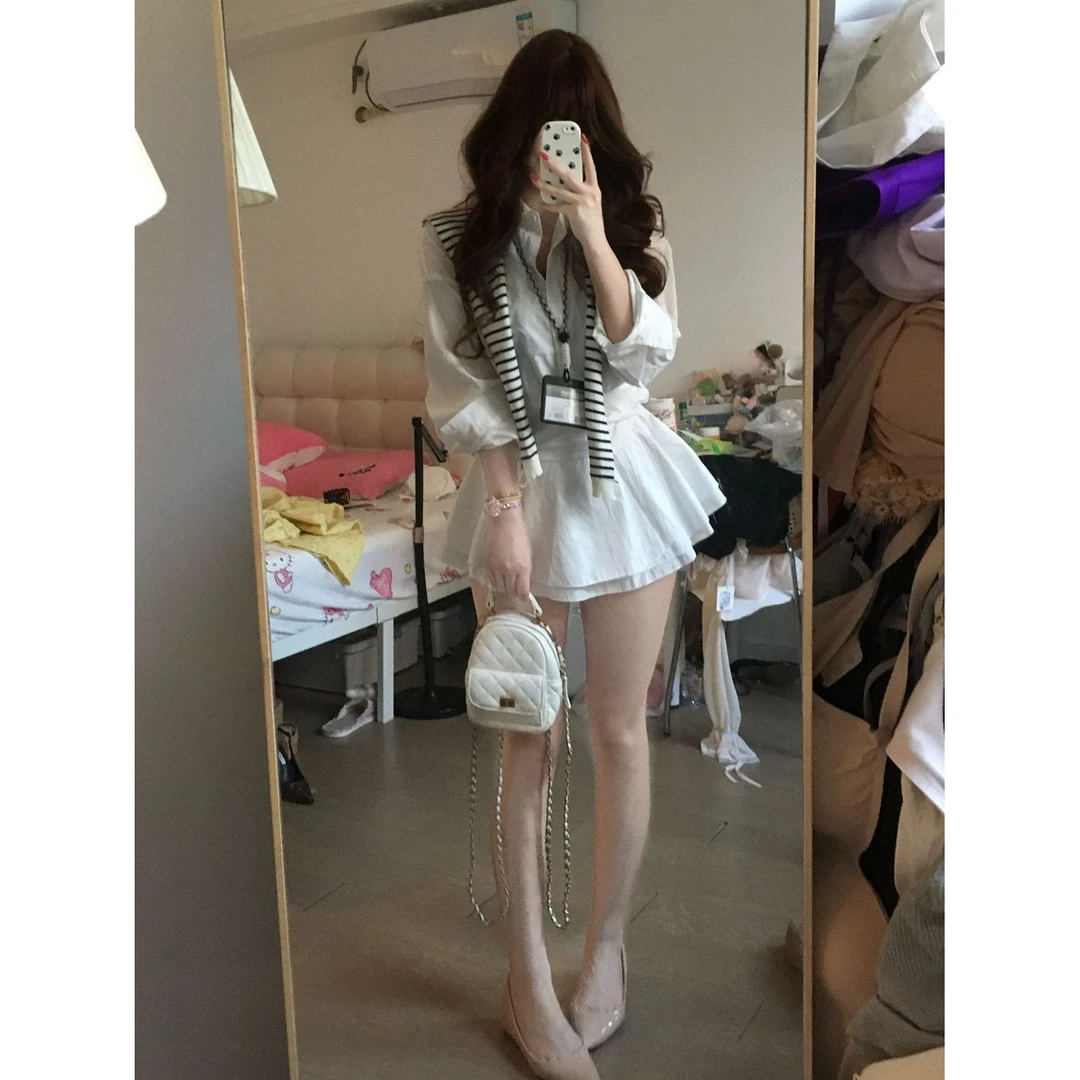 慵懒韩系温柔气质衬衫收腰显瘦薄款连衣裙显瘦长袖短款裙秋系新款