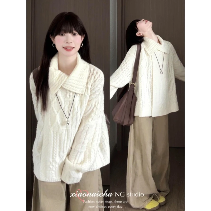 设计感白色毛衣女冬季内搭2025新款慵懒高级感翻领时尚针织衫上衣