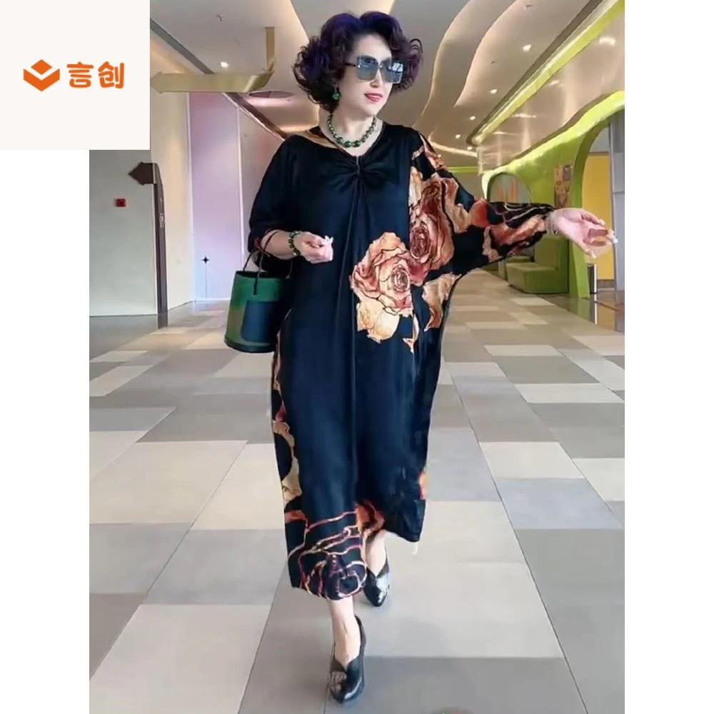 422蝙蝠袖v领Ⅷ分袖新中式国潮风中国风真丝妈妈高贵上档次连衣裙