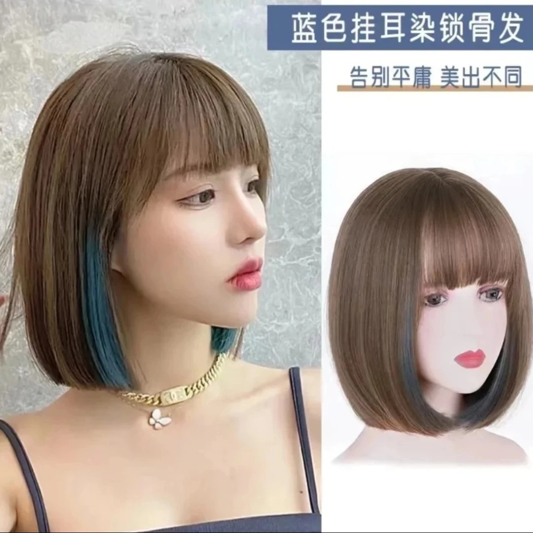 假发女短发挂耳染雾霾蓝奶奶灰波波头小清新挑蓝直发全头套