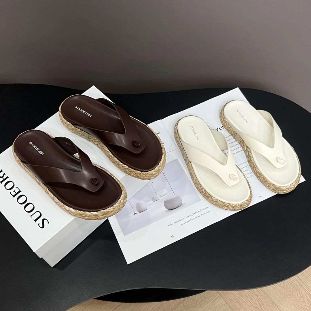 索尔/SUOOEORR欧货真皮女鞋夏厚底编织度假风夹脚人字沙滩凉拖鞋