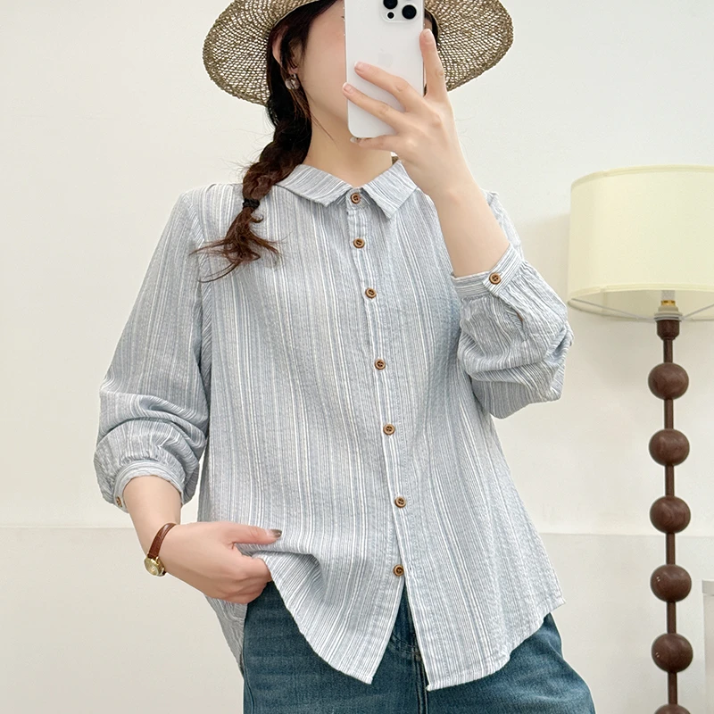 夏季日系全棉蓝色泡泡邹条纹清新海盐风网红时尚炸街新款女装