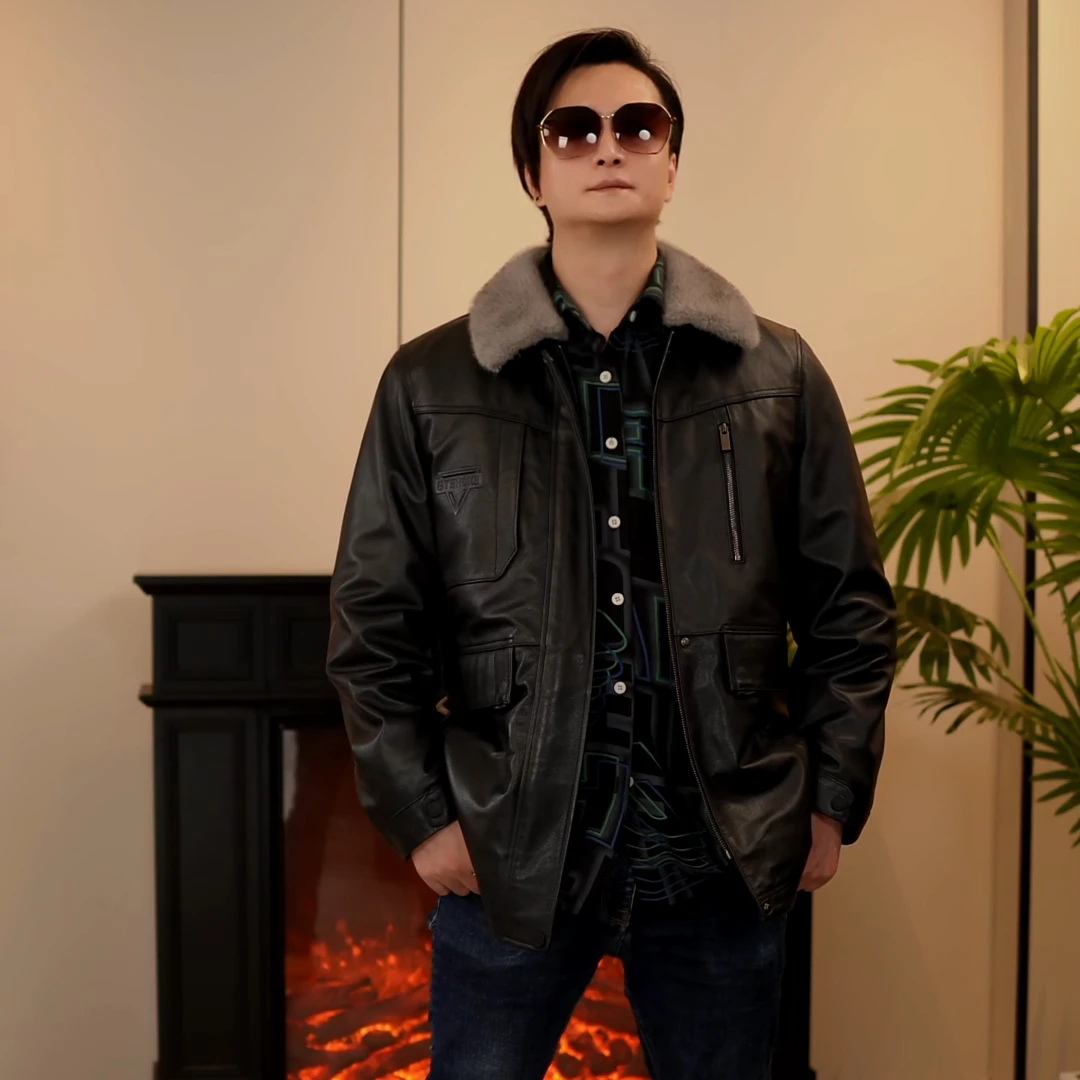 海宁男士皮衣头层牛皮厚款皮衣男士真皮猎装夹克加绒【25079】