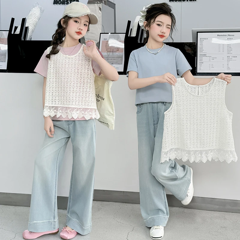 女童夏季甜美时尚短袖蕾丝背心套装2025新款6-12岁15岁薄款牛仔裤