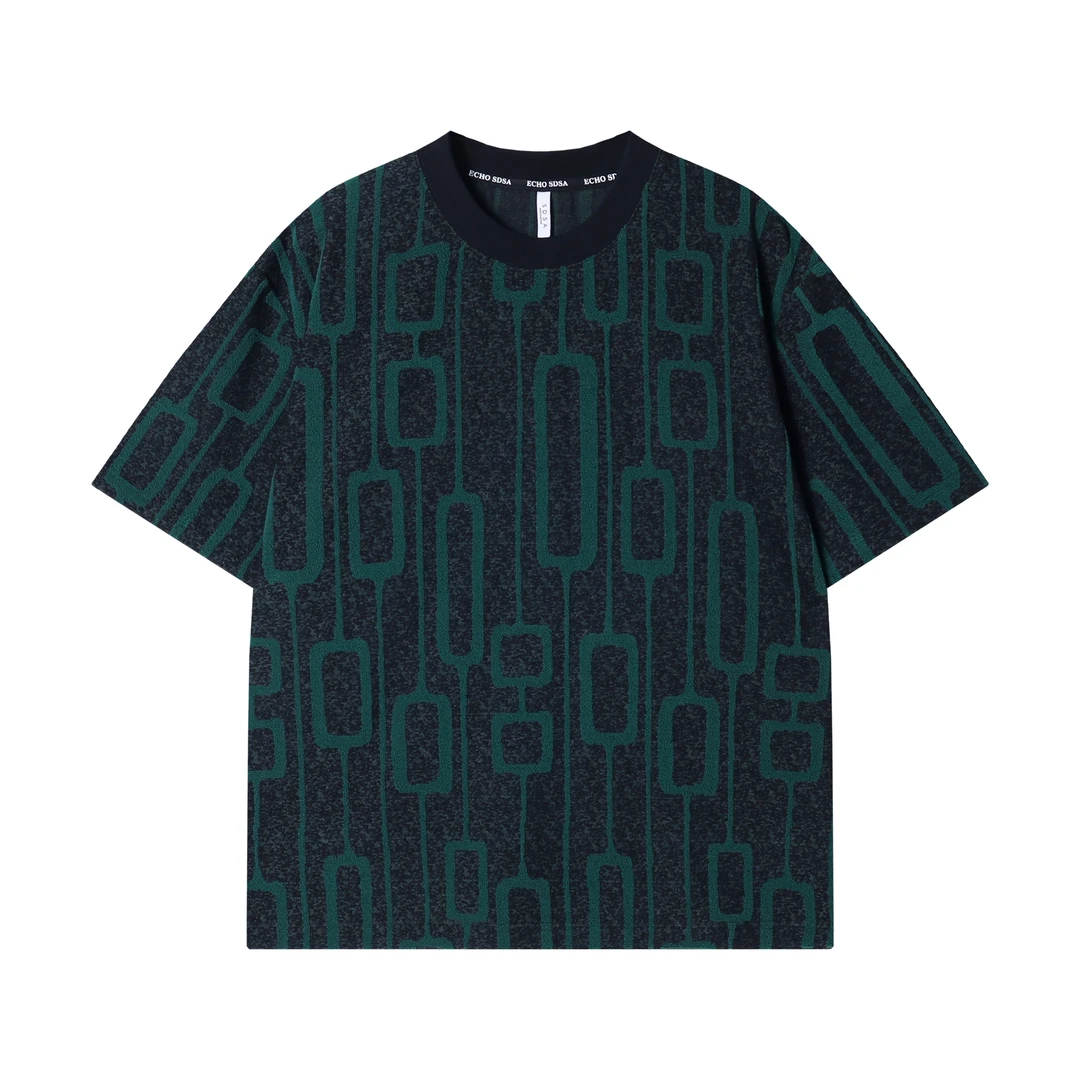 T2421新款时尚个性韩版几何图案撞色圆领短袖T恤百搭宽松潮流上衣