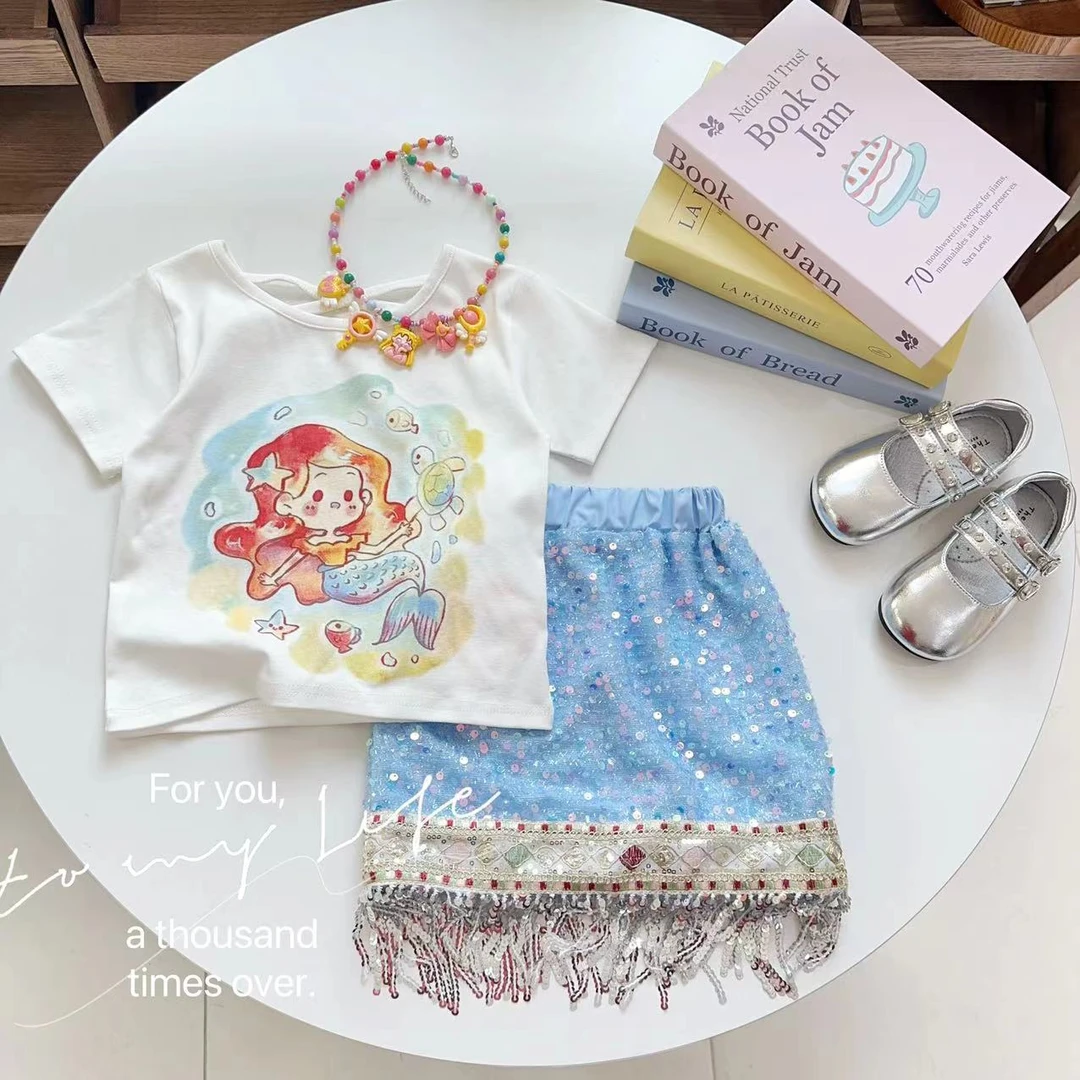 汤圆家童装2025夏季新款韩系甜美亮片美人鱼流苏套装 YA-1552