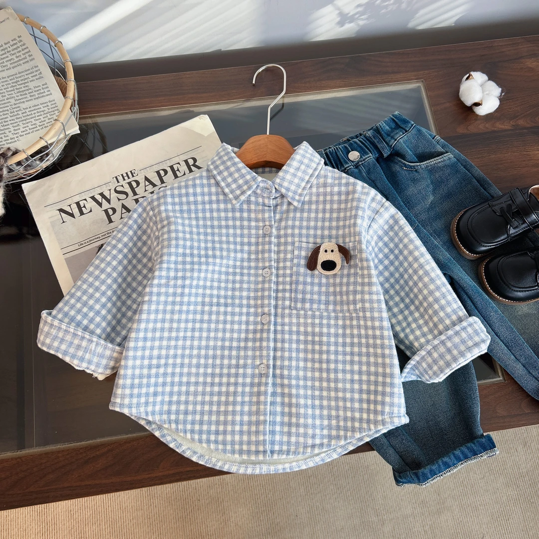 【斑马】儿童衬衫2025年新款儿童百搭小狗格子衬衣BMD3720
