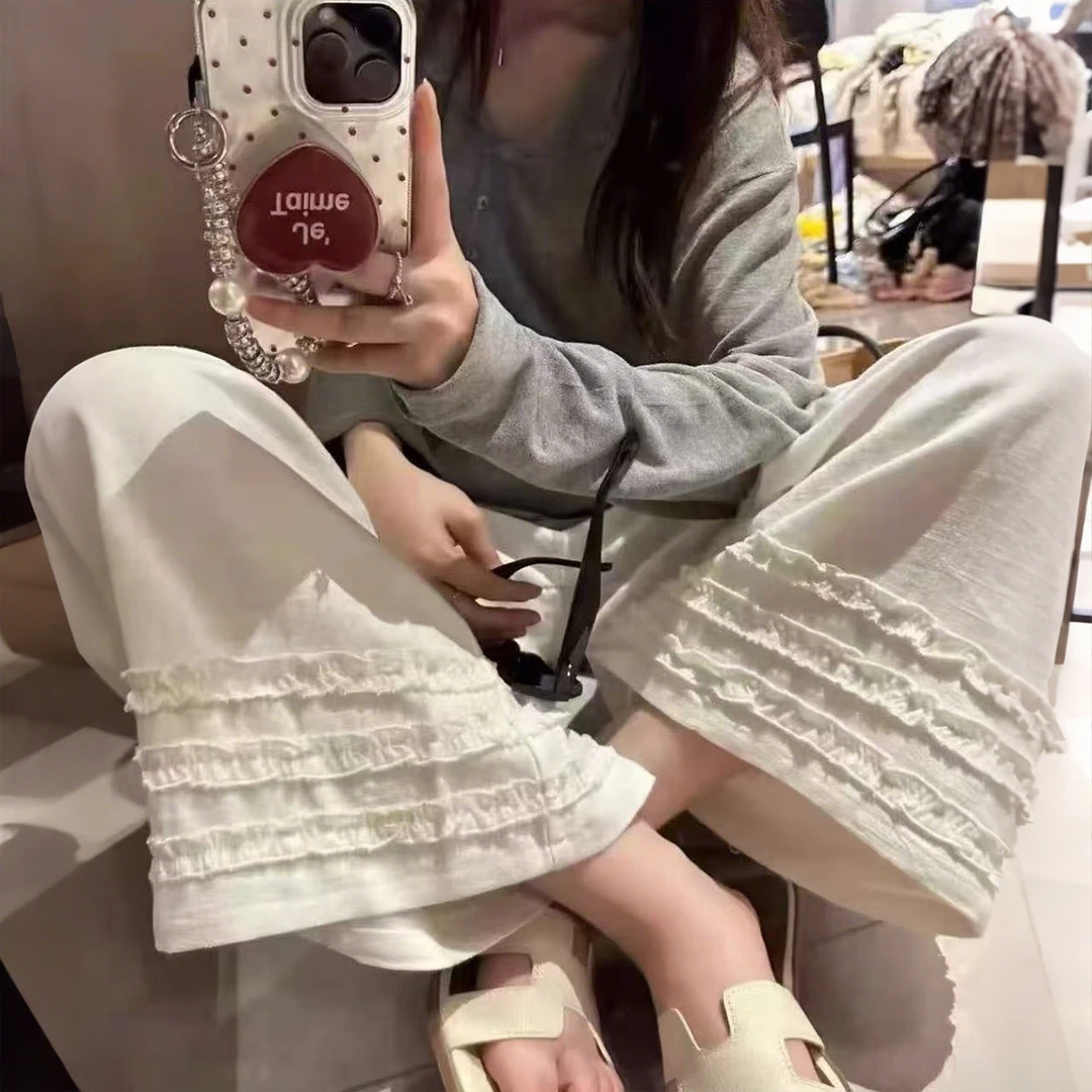 【bubu专属】【运费补贴】松弛感木耳花边裤女高腰阔腿九分休闲裤D233