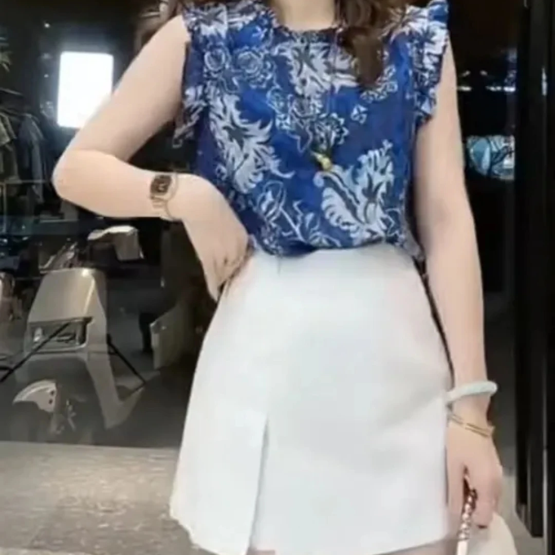 新款夏季穿搭复古气质印花上衣搭配休闲裤裙