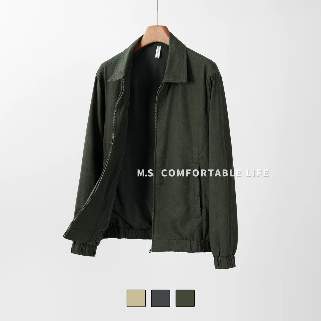 棉麻老吴 【宽松版】春秋轻薄翻领夹克男罗纹下摆上衣纯色棉麻外套