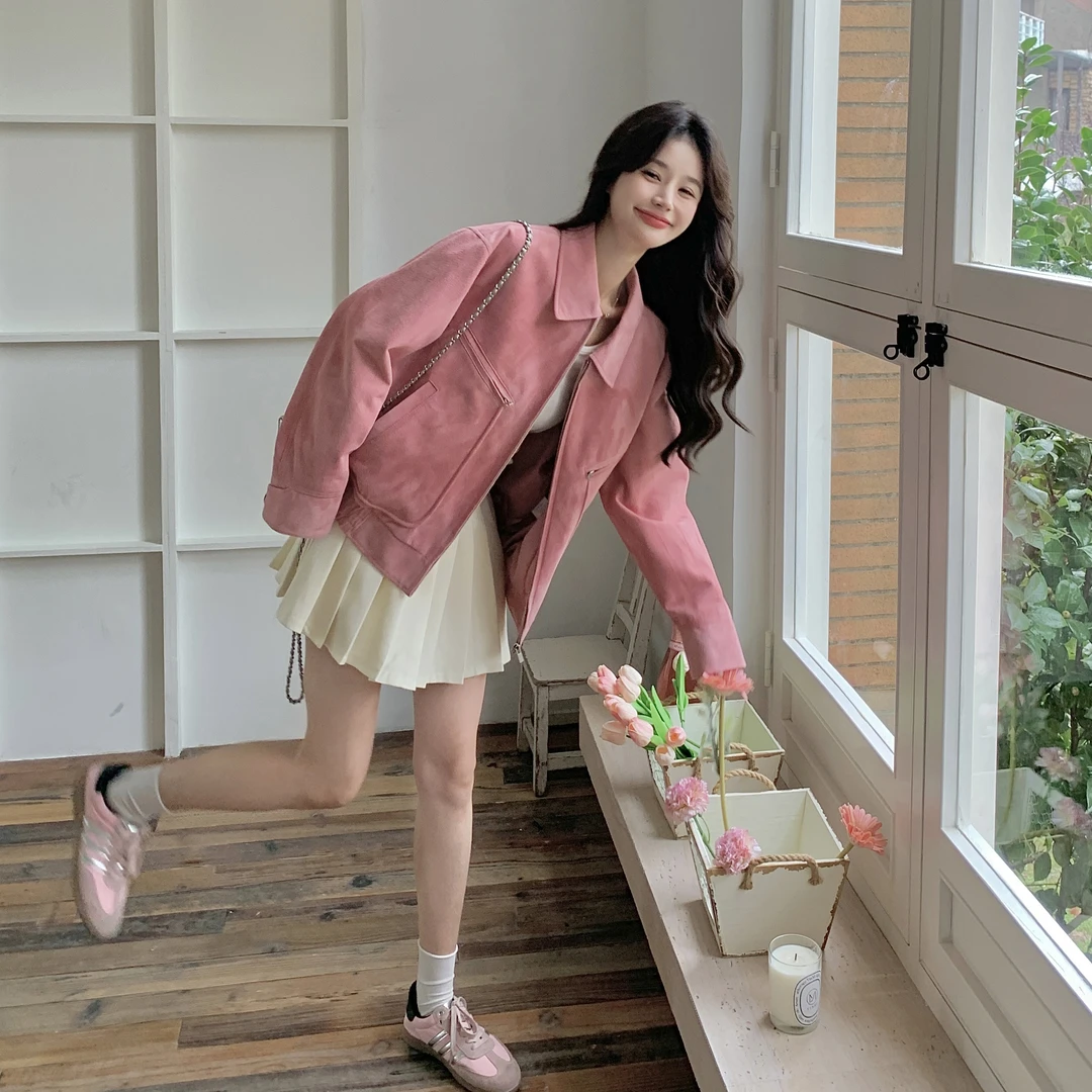 粉色麂皮绒皮衣外套女短款今年流行小个子复古酷飒风新款夹克上衣