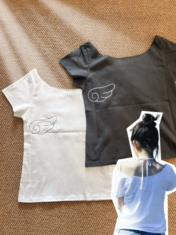 coys*io韩版背后翅膀印花短袖T恤大领口可斜肩穿