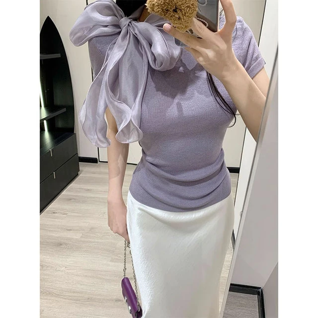 法式蝴蝶结系带紫色针织短袖T恤女夏季2025新款修身显瘦短款上衣