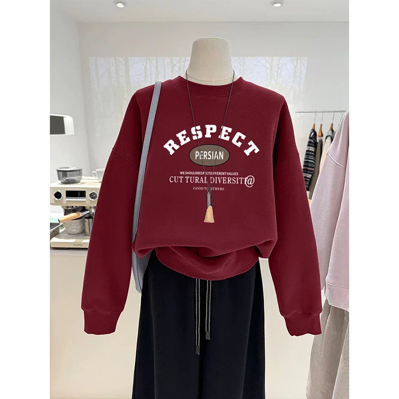 加绒圆领酒红色卫衣女2026新年本命年马年喜庆春秋小个子宽松上衣