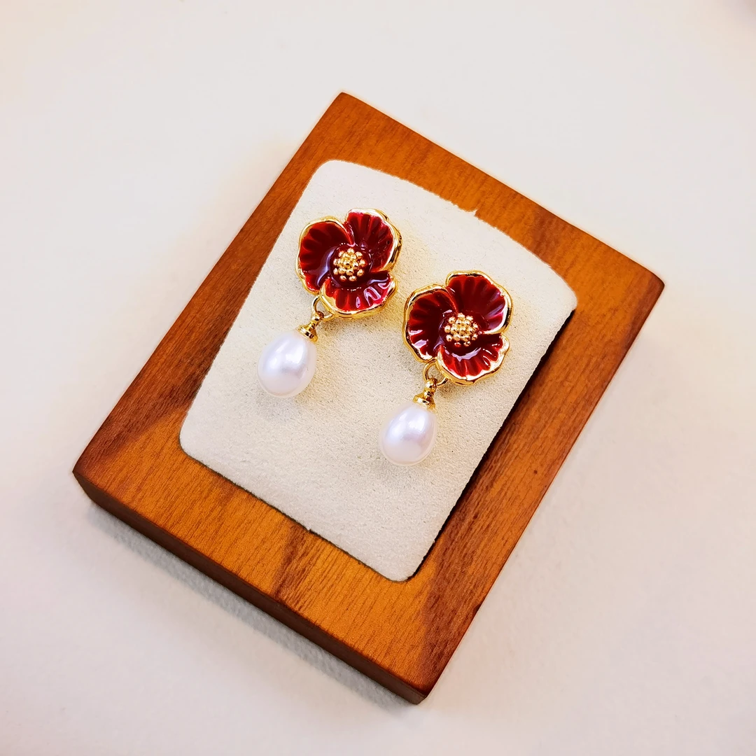 清沧 天然淡水珍珠耳钉 925银针 安哥拉红过年喜庆耳坠 6008