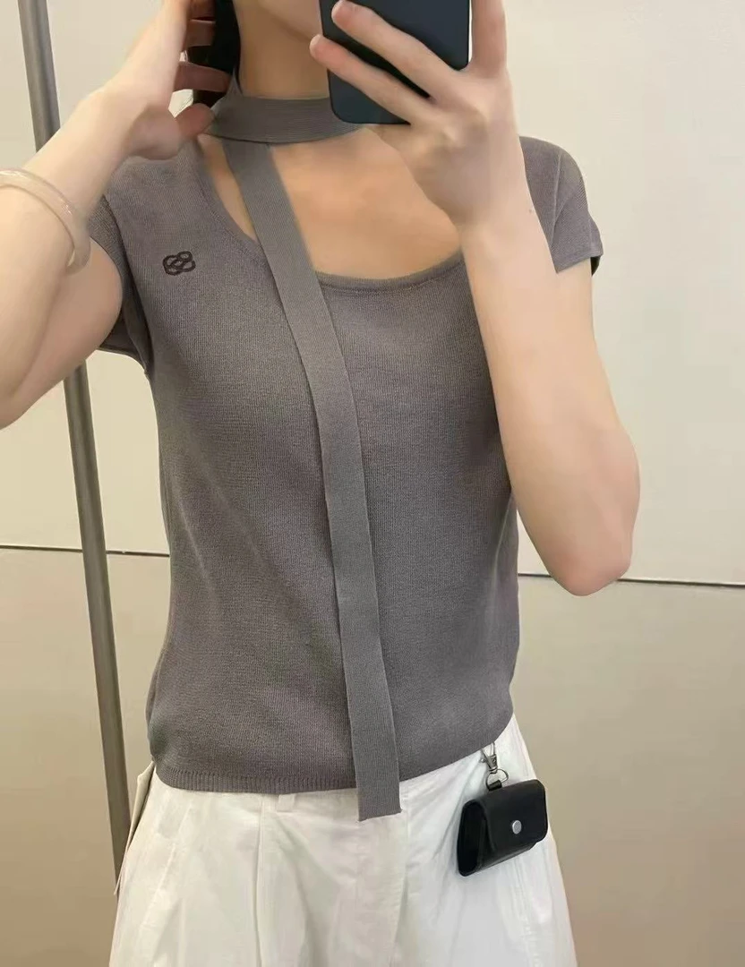 HY MOXI（60019#）显瘦大U领挂脖针织上衣短袖kc