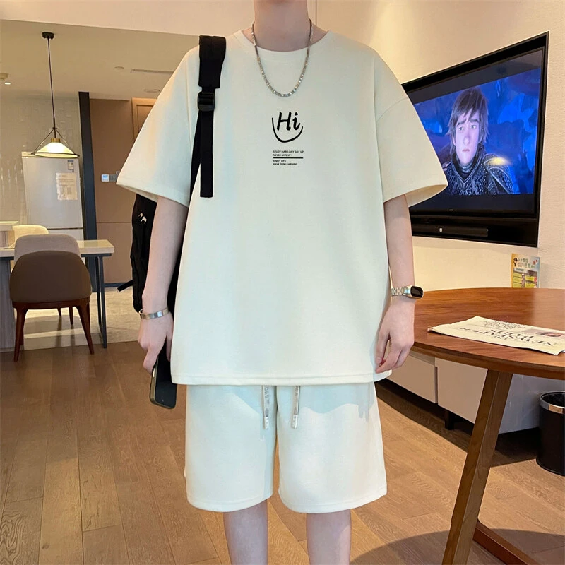 YH夏季男士宽松薄款套装潮男短袖短裤休闲运动百搭时尚T恤 两件套