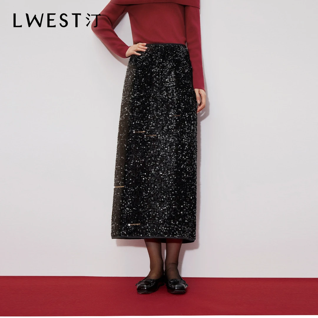 H朗文斯汀丝绒半身裙2026春季新款高腰显瘦直筒裙珠片设计感裙子