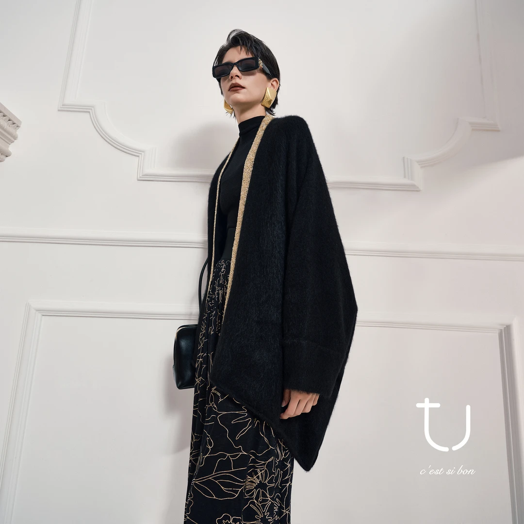 TU女装 金阙星芒 1oo牦牛绒拉绒针织开衫重工钉珠松弛感阔版外套