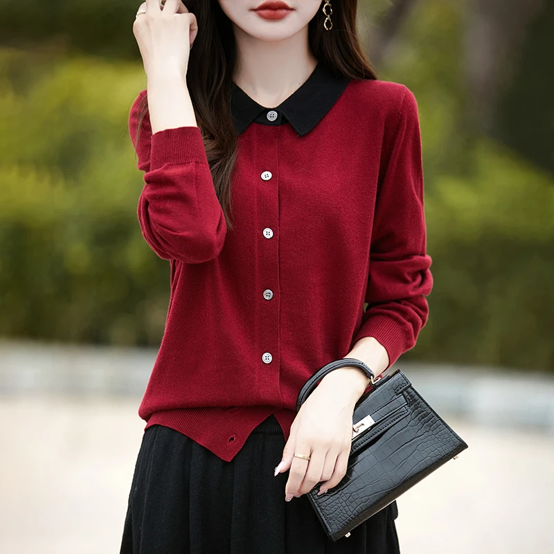 品牌时尚女装娃娃领毛针织衫撞色小香风毛衣开衫通勤百搭上衣气质