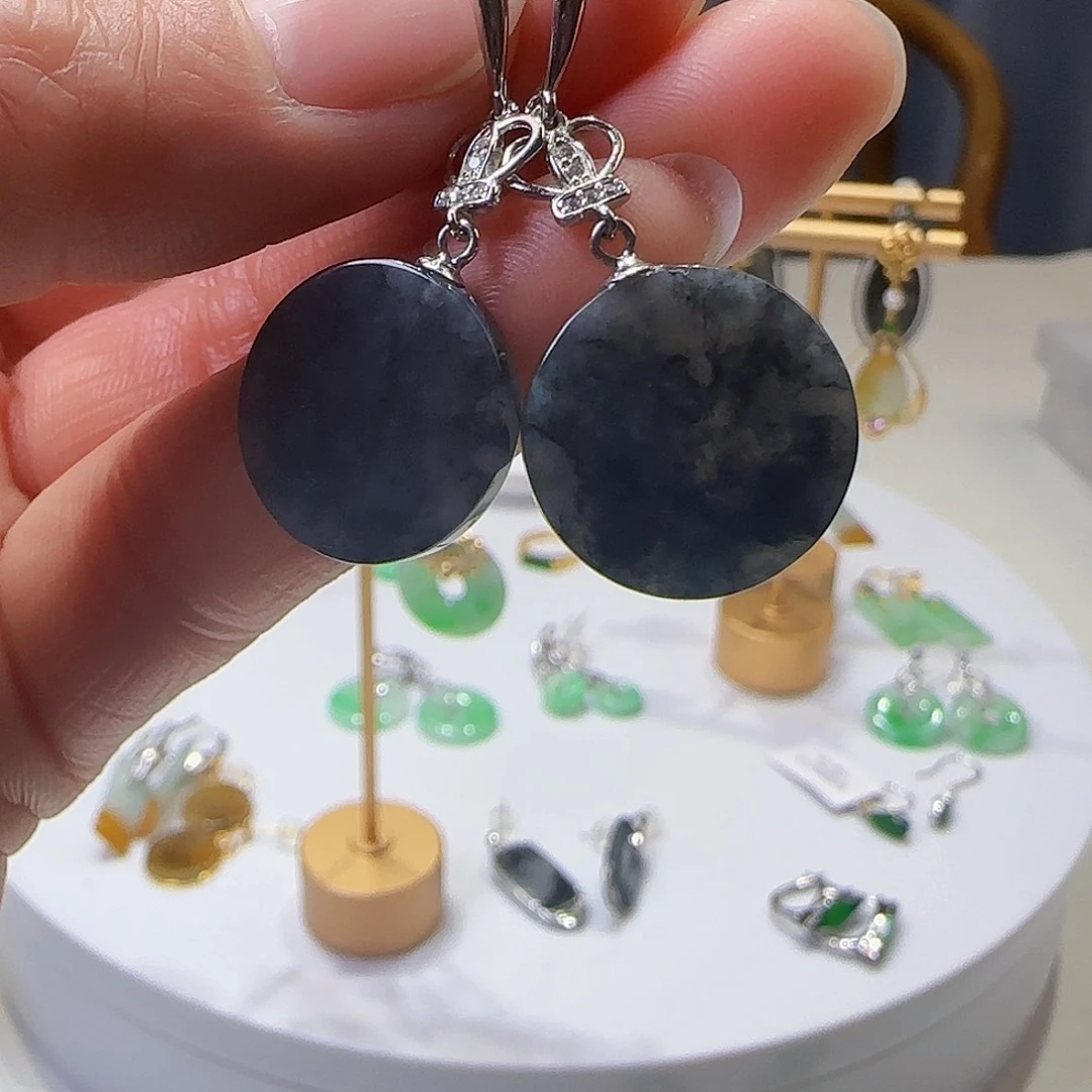 翡翠耳饰银S925镶嵌天然缅甸a货翡翠