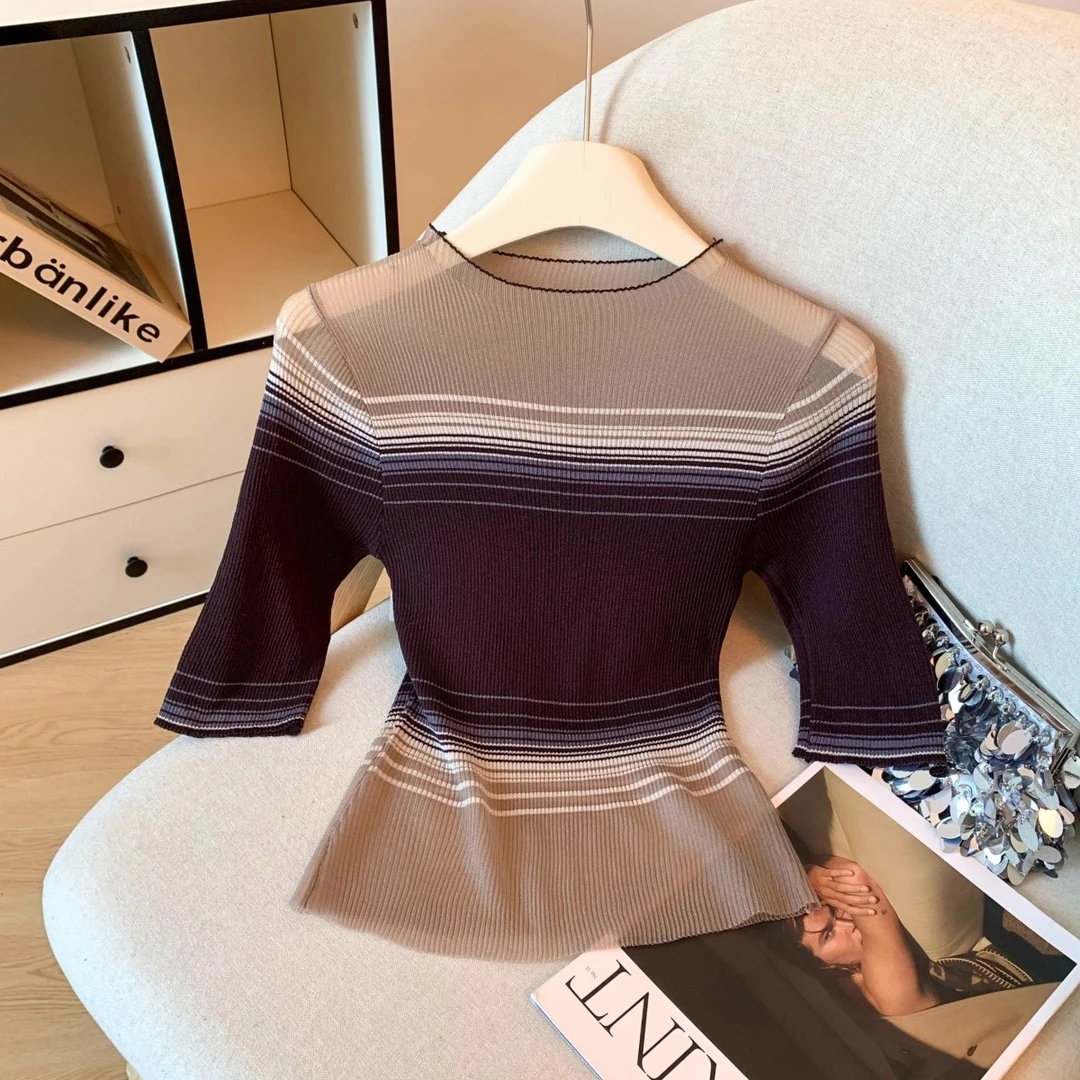 复古港风透视网纱针织衫2025夏季新款纯欲辣妹撞色修身中袖上衣女