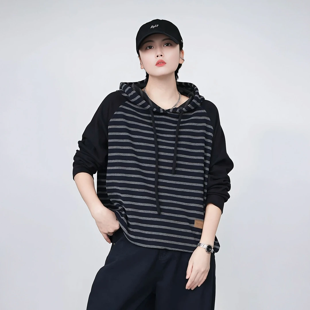 2025秋季春秋条纹韩版宽松长袖t恤休闲风女士百搭连帽套头卫衣