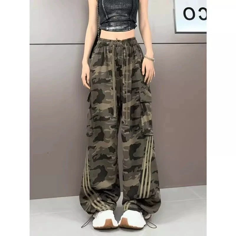 美式条纹迷彩工装裤女薄款2024夏季新款休闲宽松显瘦直筒阔腿裤潮