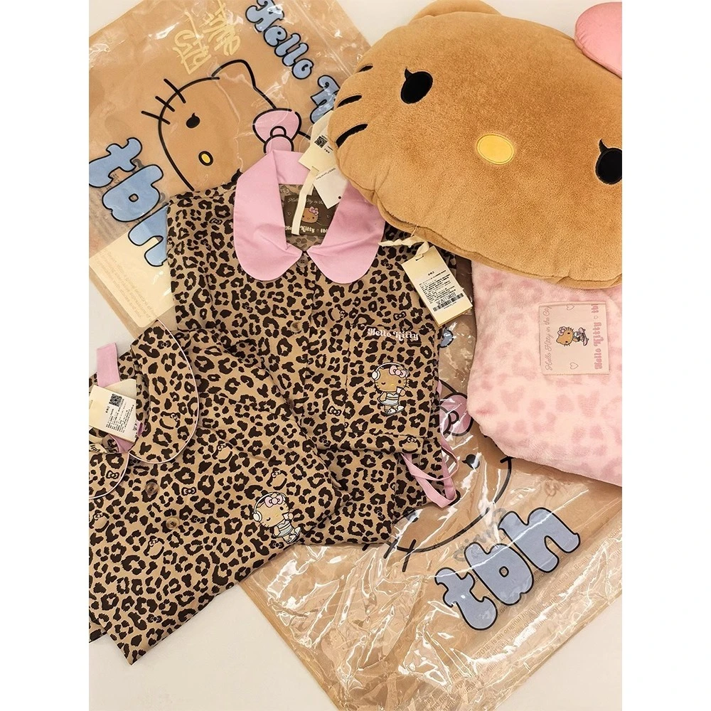 黑皮Kitty设计感豹纹印花短袖睡衣女夏可外穿大码短裤家居服套装
