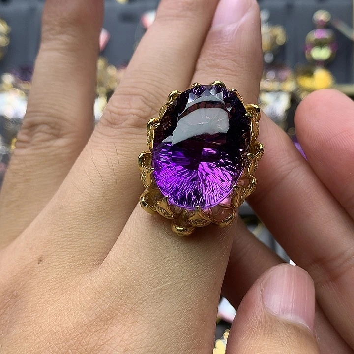 银S925镀金镶嵌戒指水晶