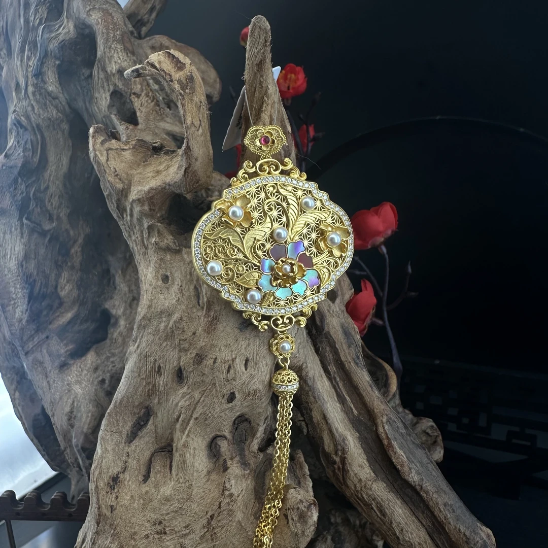 足金999镶嵌花开富贵流苏吊坠