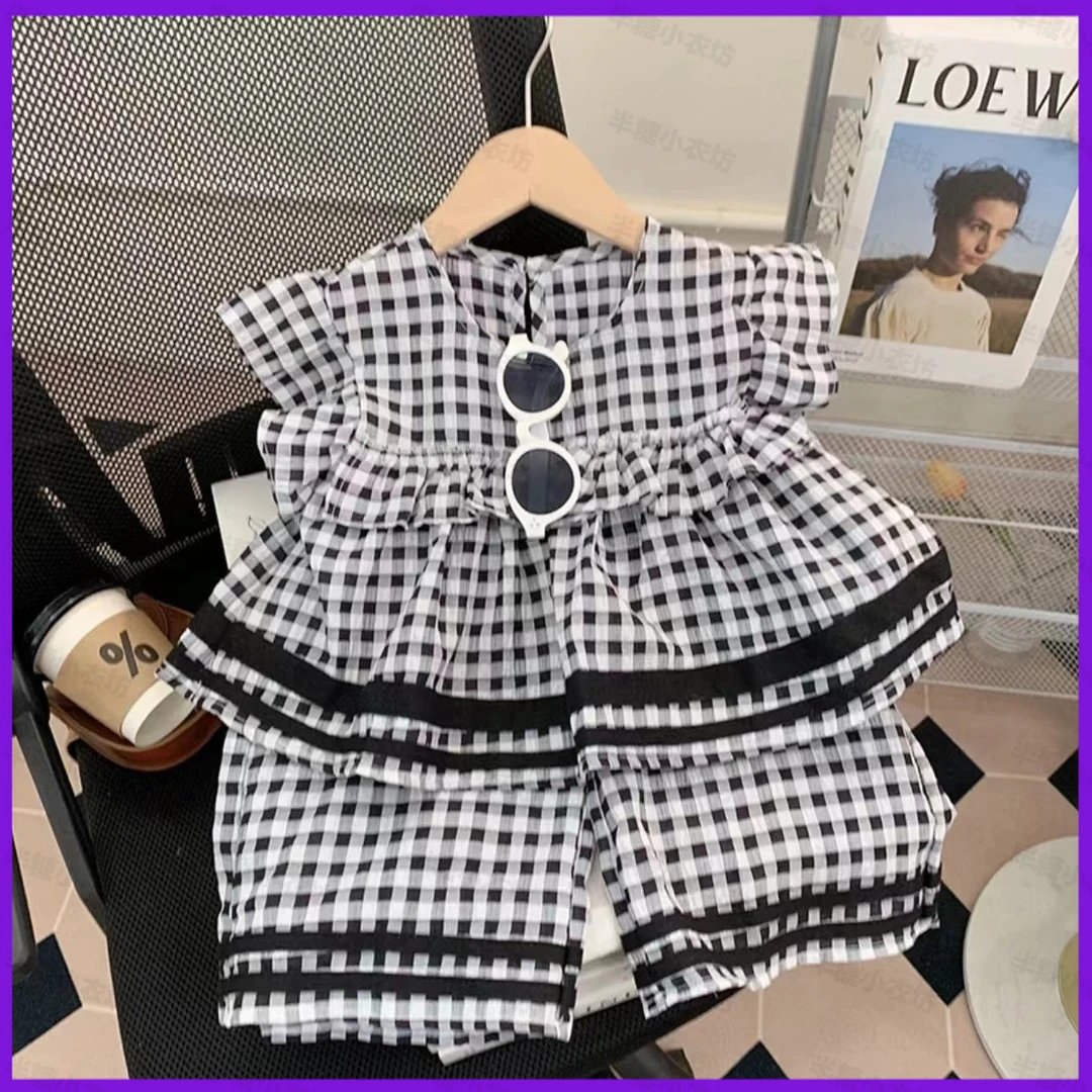 2025时尚女童新款夏季套装儿童夏天飞袖黑白格子女宝宝格子两件套
