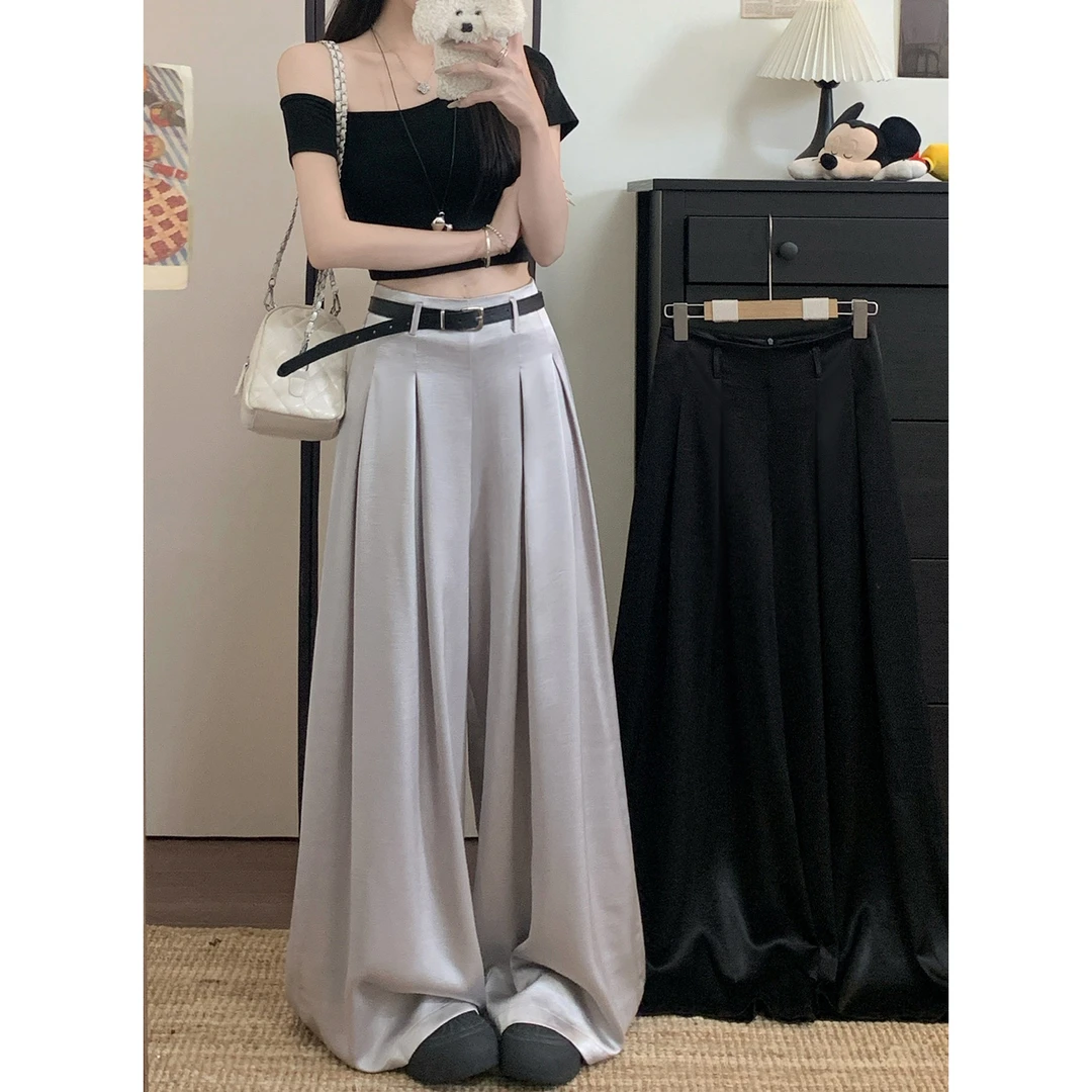 2025时尚高级感纯色丝滑缎面垂感休闲阔腿裤西装裤女9210