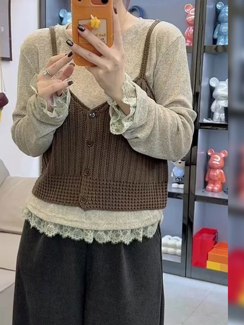 双十一复古修身显瘦长袖打底衫针织吊带背心2025秋季新款韩系穿搭