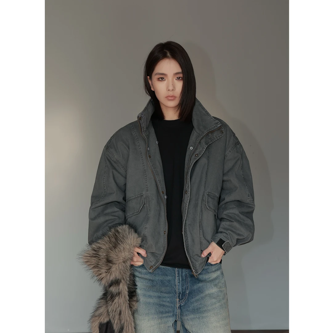 重磅水洗座山雕毛领可拆卸棉衣加厚保暖宽松百搭休闲情侣棉服