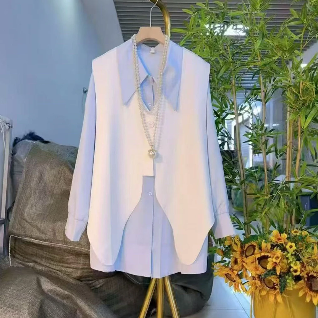 8709-2025年早秋新款时尚洋气显瘦薄款衬衫+薄款无痕马甲两件套