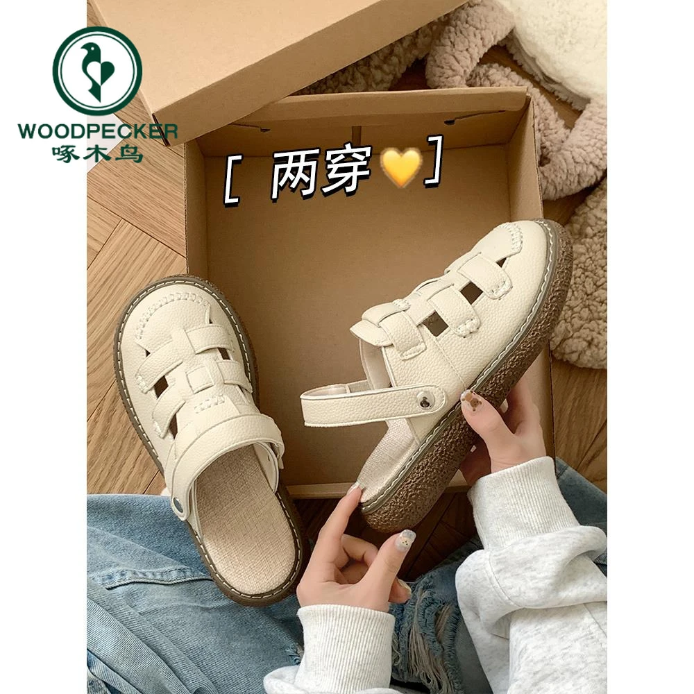 啄木鸟平底包头半拖鞋女夏外穿两穿罗马凉鞋女2025洞洞鞋沙滩凉拖