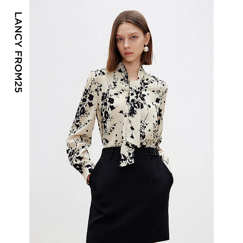 朗姿法式优雅碎花围巾领飘带衬衫2025年春季通勤复古典雅印欧若风
