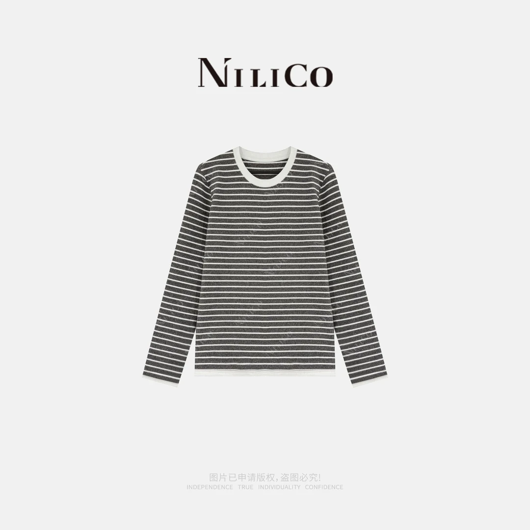 NILICO【海盐灰条】双面磨毛德绒超暖柔条纹撞色T恤