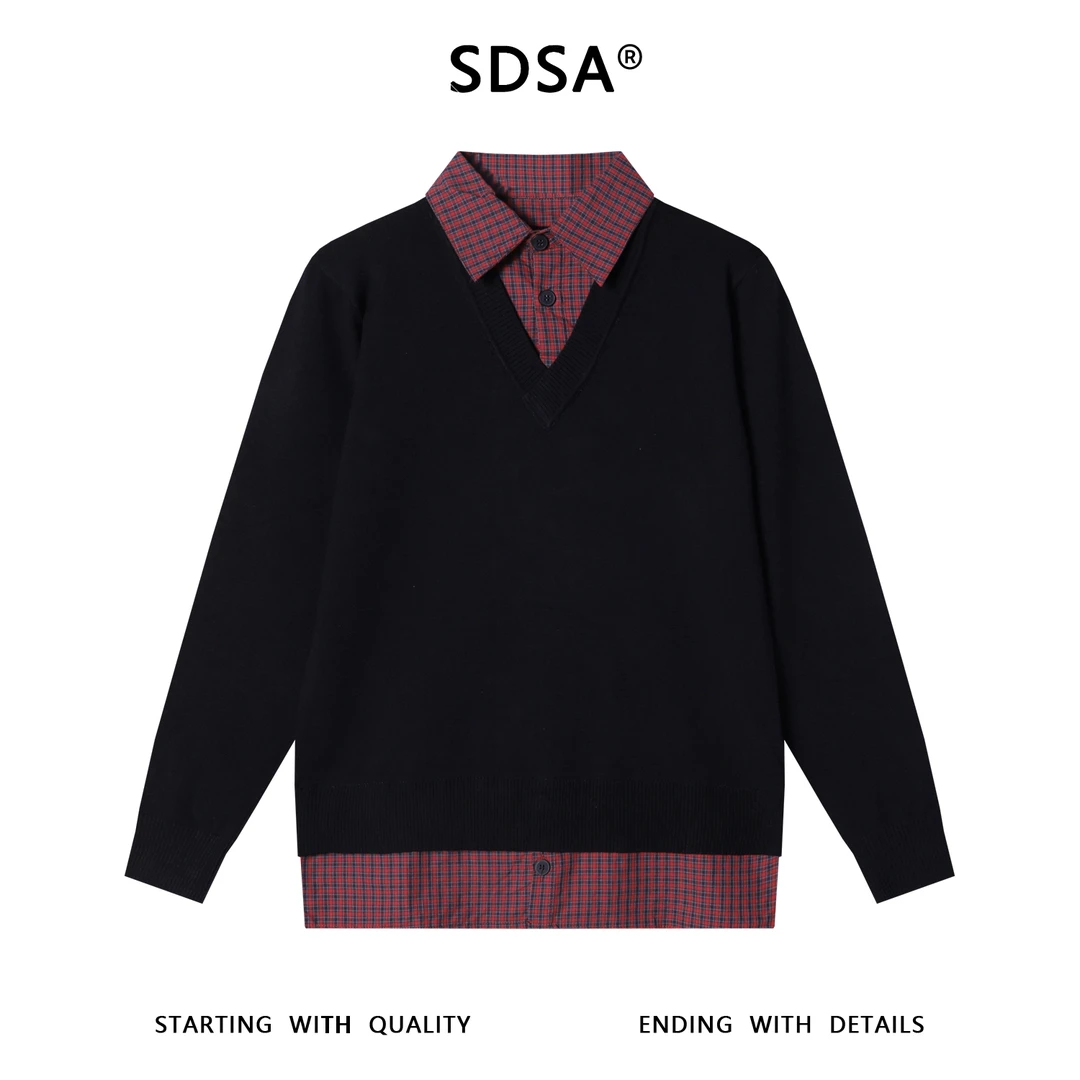 SDSA秋冬新款痞帅男装韩版拼接撞色假两件针织毛衣复古翻领上衣