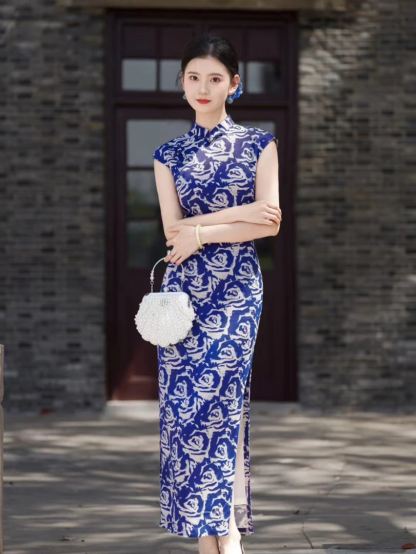 8956【蓝玫】双层长款日常时尚走秀复古旗袍