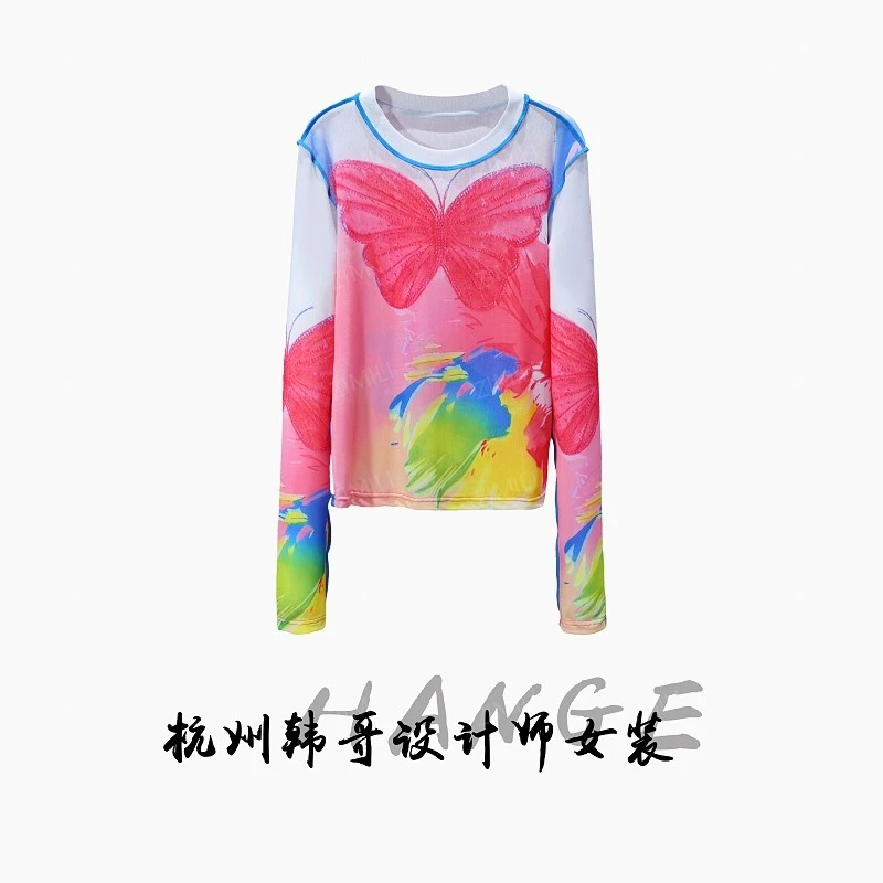 【韩哥女装】夏季小众设计师洋红色蝴蝶印花网纱长袖爽肤衣8632-K7