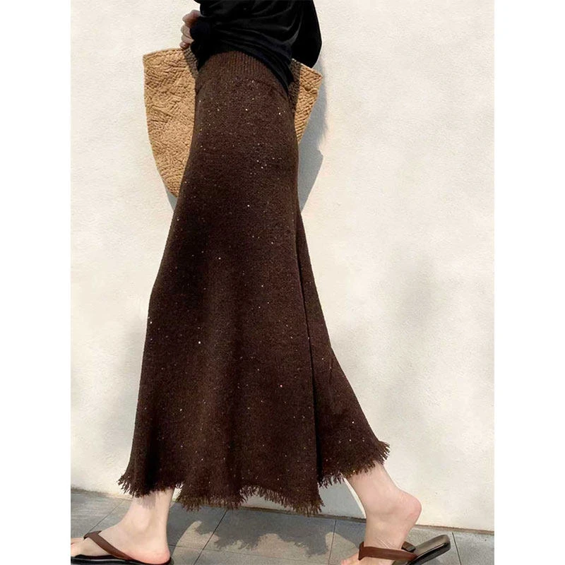 知性优雅大方得体咖色亮片加厚半身裙女秋冬轻奢小众不撞款中长裙