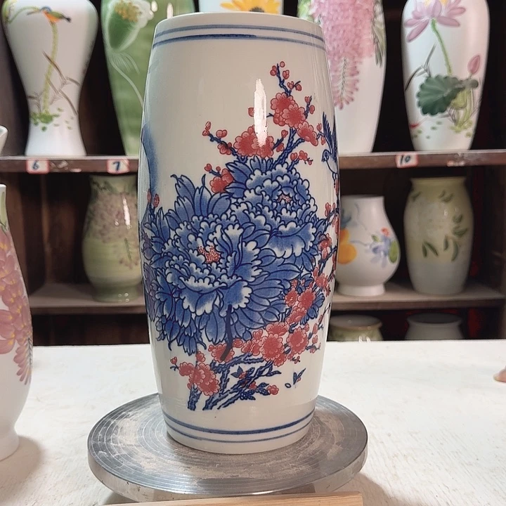 陶高33腰鼓青花红牡丹陶瓷