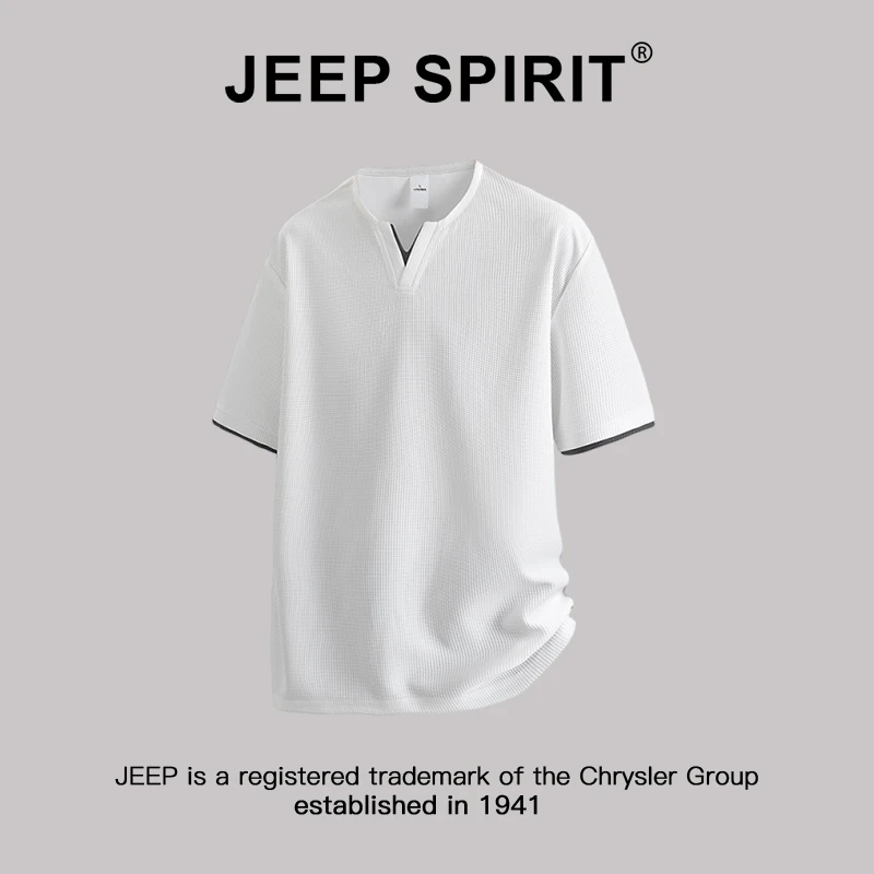 JEEPSPIRIT吉普华夫格V领男士短袖t恤夏季2025新款拼接撞色上衣服