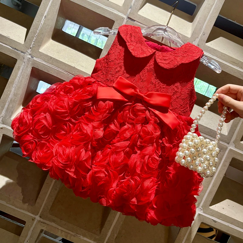 周岁女宝宝礼服夏洋气儿童轻奢小众高端女童红色生日公主裙蓬蓬裙