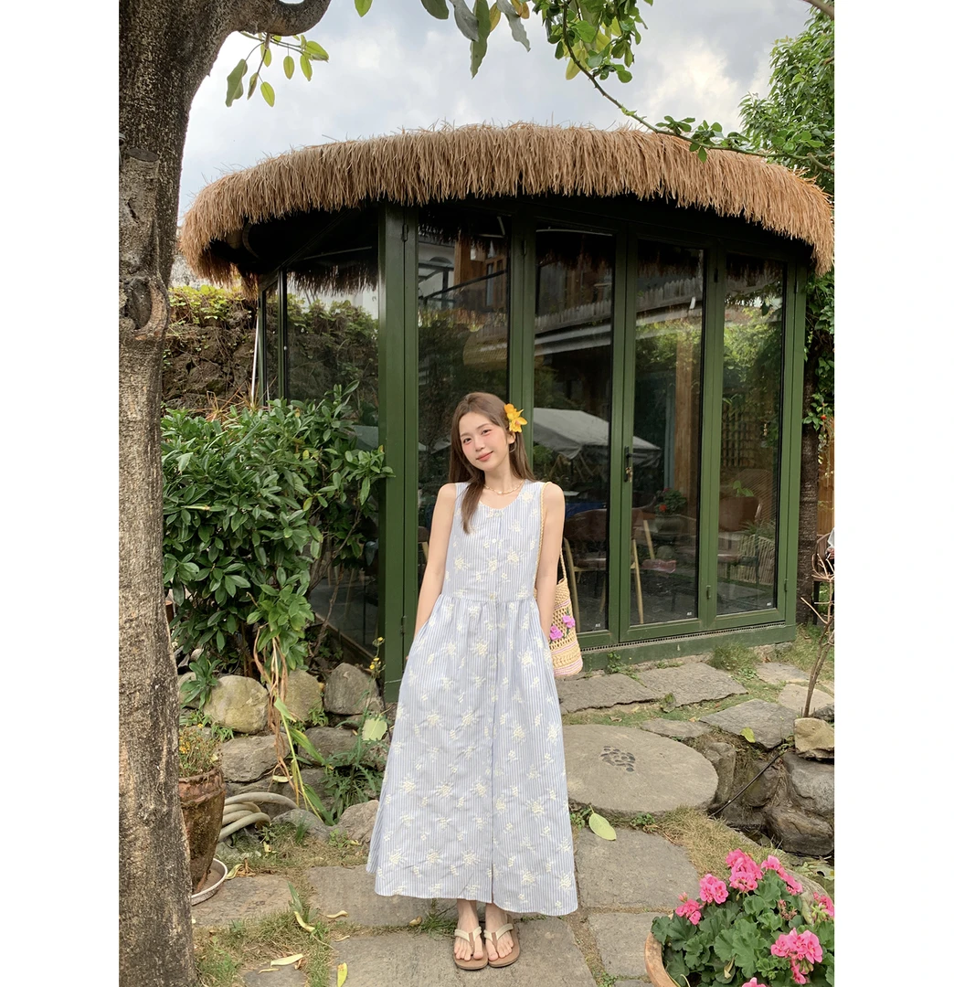 现货陳文文【烬色蝶语】夏季显瘦温柔气质蓝色连衣裙长裙L6170